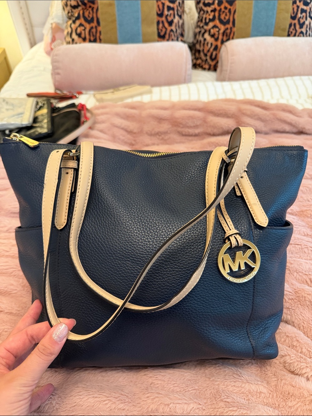 Michael Kors Navy and Vanilla Pebbled Leather Shoulder Bag